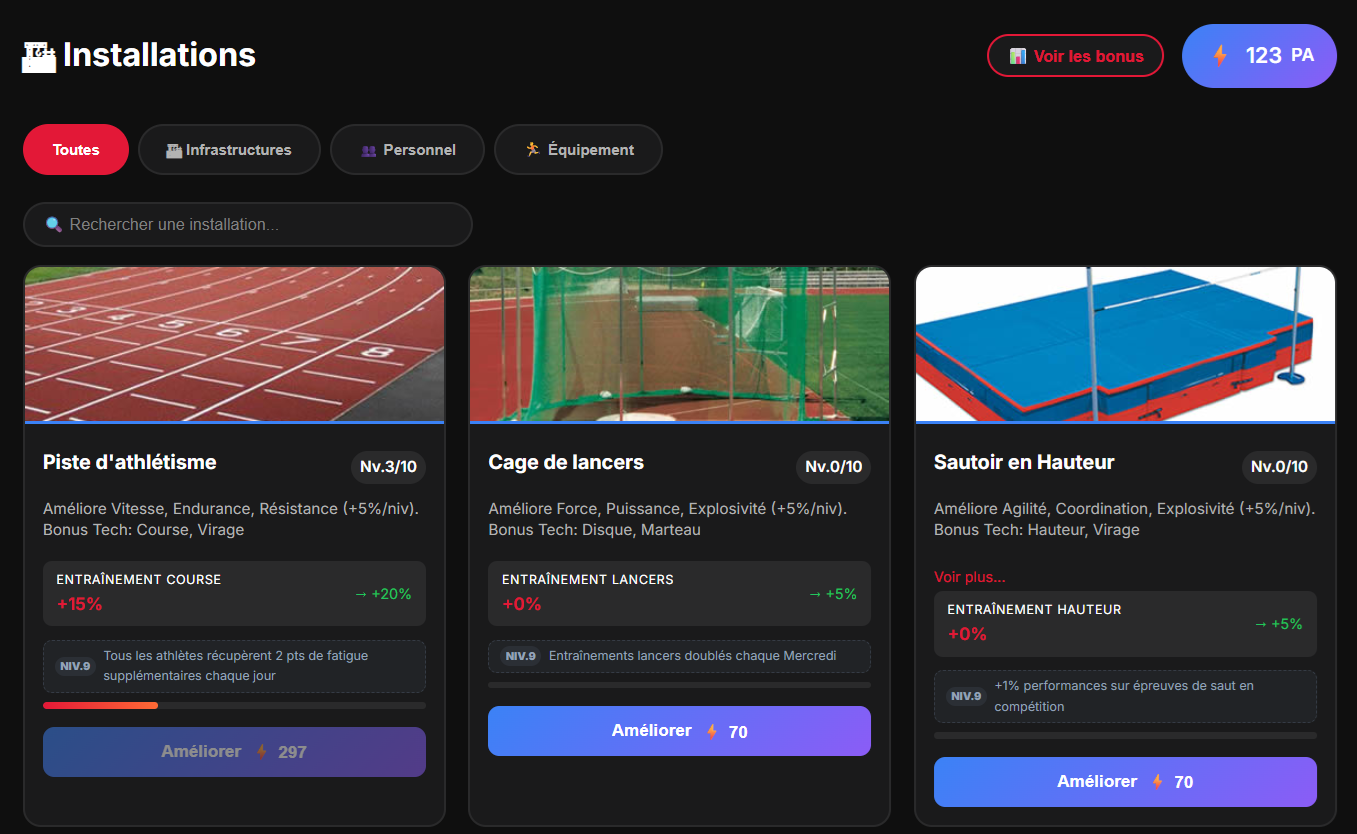 Installations — Piste, cage de lancers, sautoir